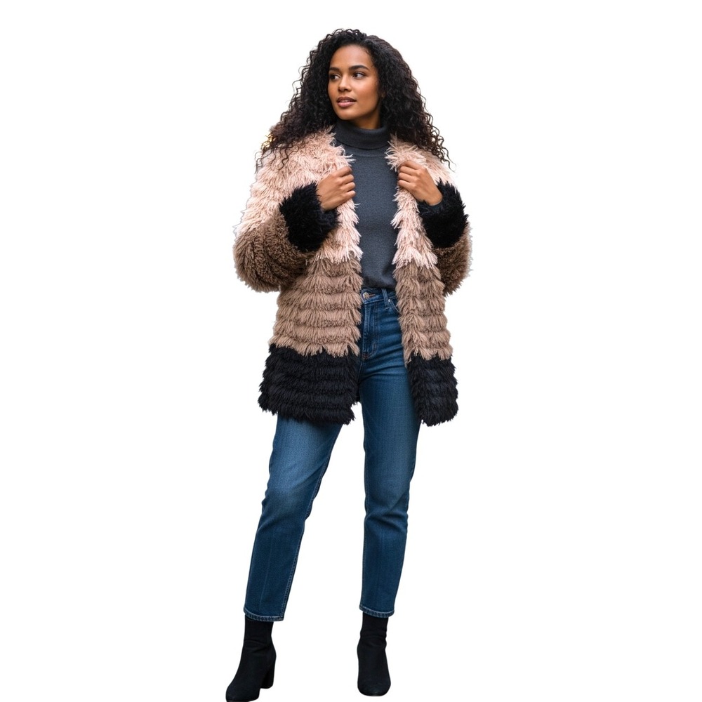 Sage The Label Womens Faux Fur Shaggy Fringe‎ Colorblock Jacket SZ XL Tan black
